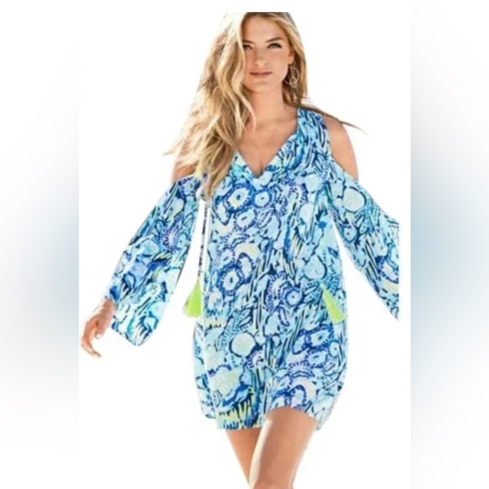 Lilly Pulitzer Benicia Tunic Dress Small Blue Green Off‎ the Shoulder